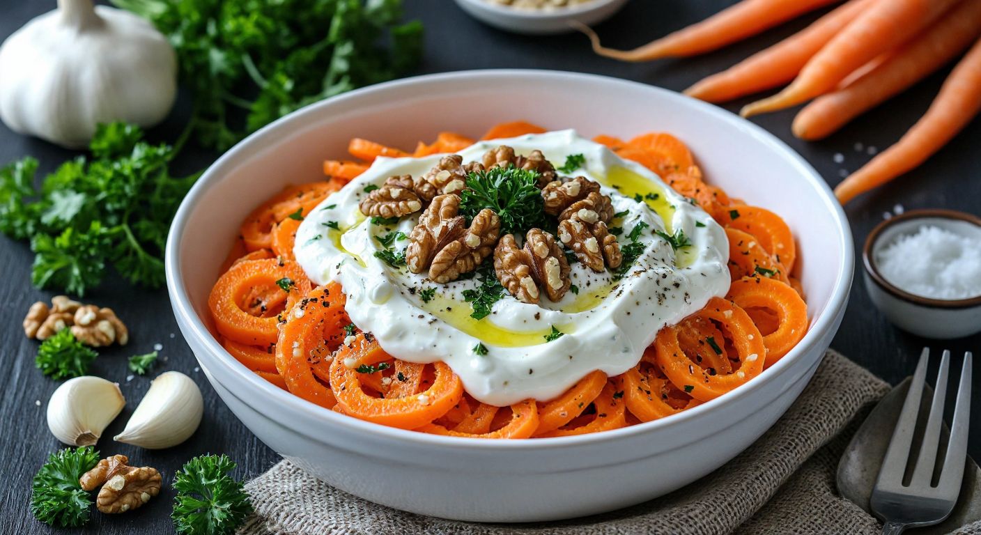 A vibrant Turkish kitchen scene with freshly grated kohlrabi and carrots in a white ceramic bowl, topped with creamy yogurt, crushed garlic, and garnished with parsley, walnuts, and a drizzle of olive oil, evoking a sense of freshness and traditional home cooking.