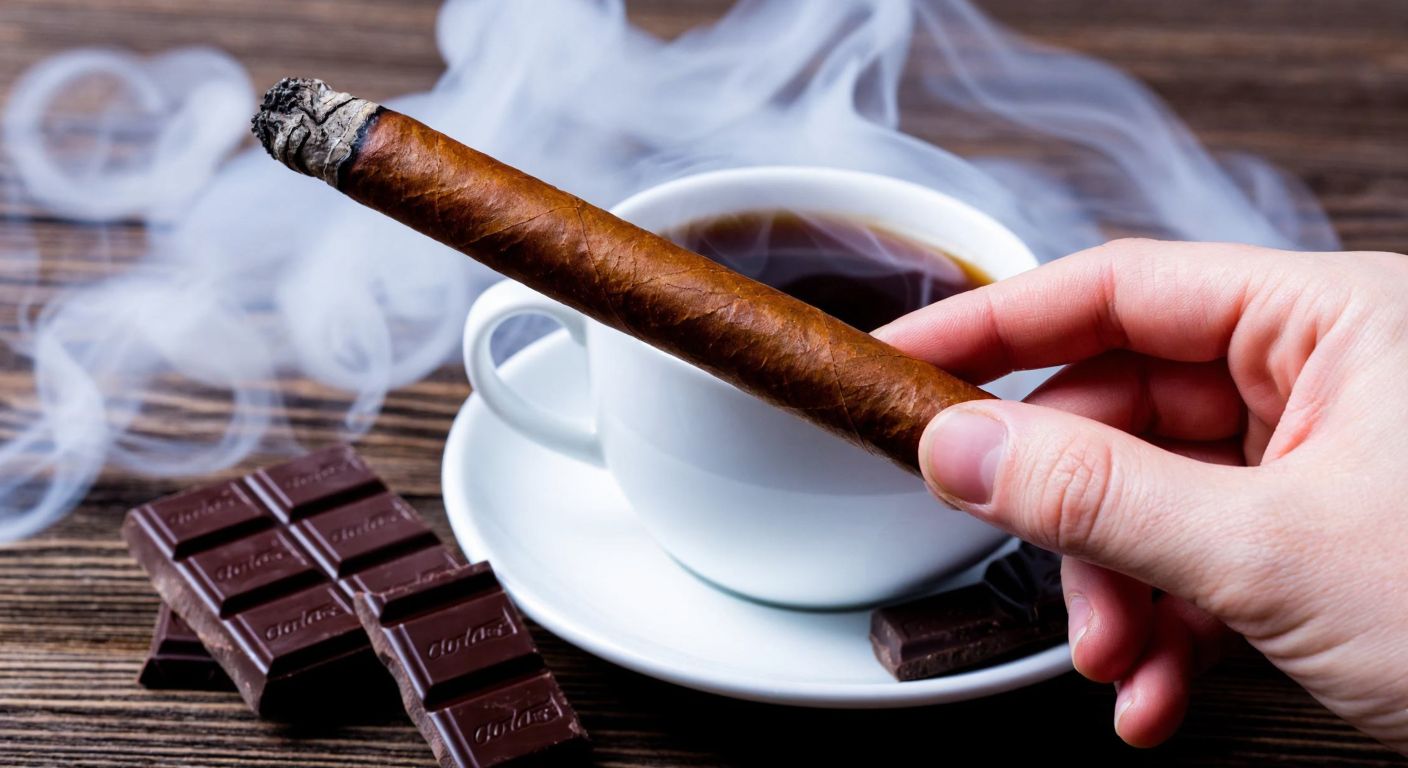 A hand holding a slender, dark brown cigar with a glowing tip, surrounded by swirling wisps of vanilla-scented smoke, a cup of rich Turkish coffee, and a piece of dark chocolate on a wooden table.