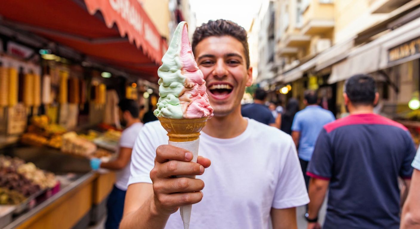 A joyful person with a wide smile happily holding a towering cone of colorful Turkish ice cream (dondurma) in a bustling street market, surrounded by vibrant stalls and other people enjoying the treat.