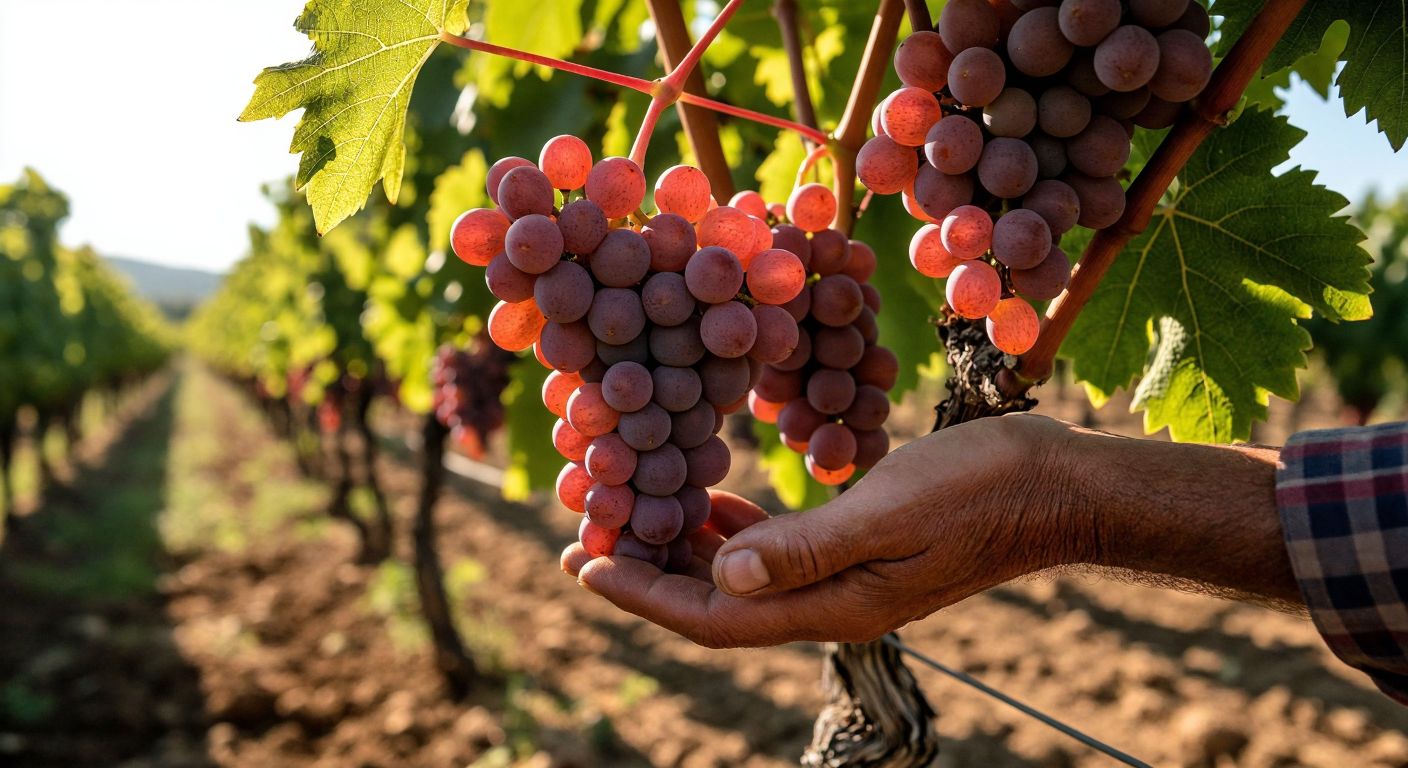 A sunlit vineyard in Manisa with clusters of plump, pink **Beyra grapes** glistening on the vine, held gently by a farmer’s weathered hands.