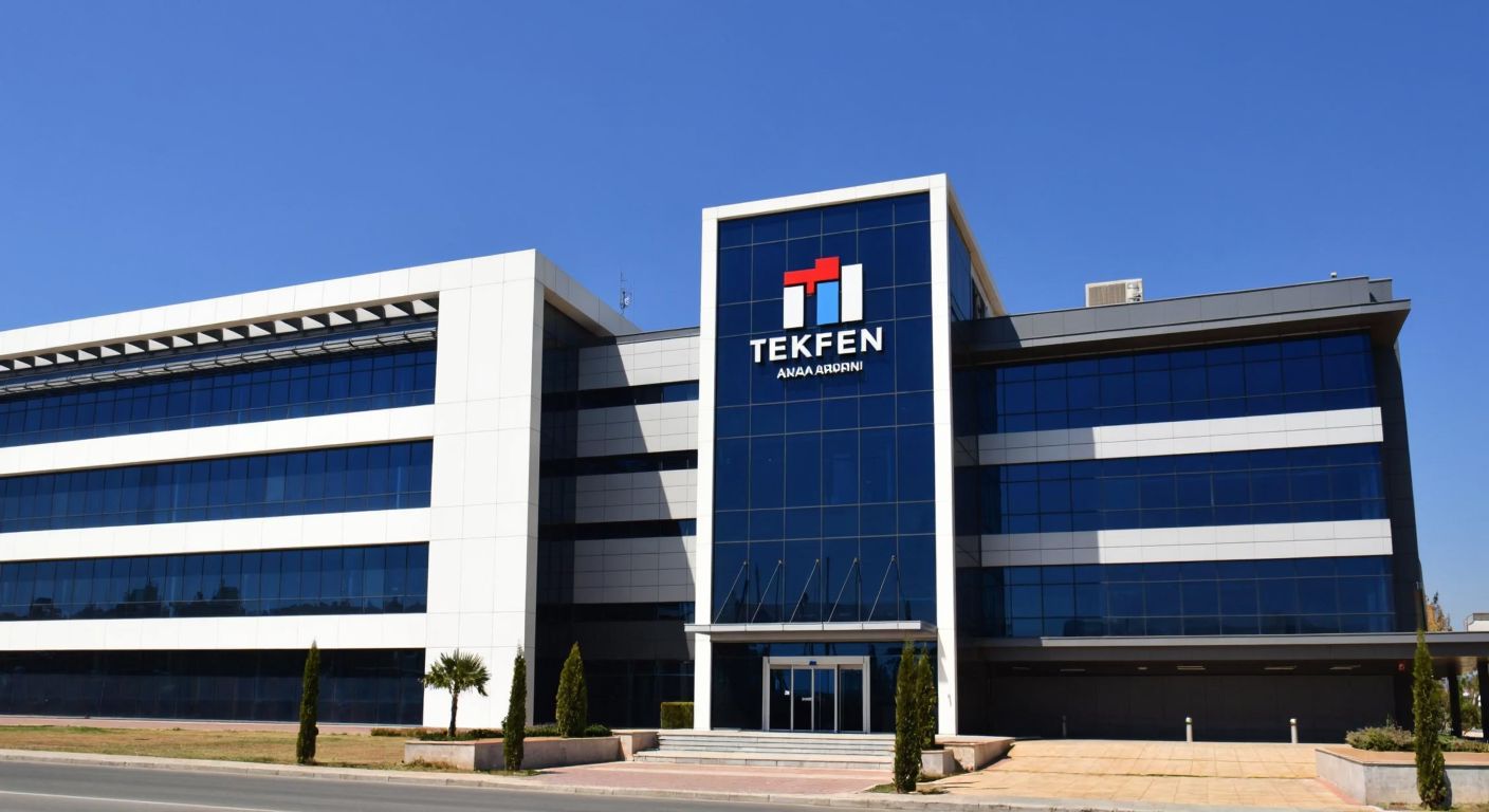 A modern corporate office building in Adana with two distinct logos—one for Tekfen and another for Toros Adana—displayed side by side, symbolizing their separate identities under the same holding company.