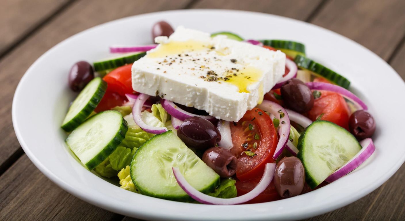 A vibrant Greek salad with crisp cucumbers, ripe tomatoes, red onions, Kalamata olives, and a generous slab of creamy white feta cheese on top, drizzled with olive oil and sprinkled with oregano, set against a rustic wooden table.