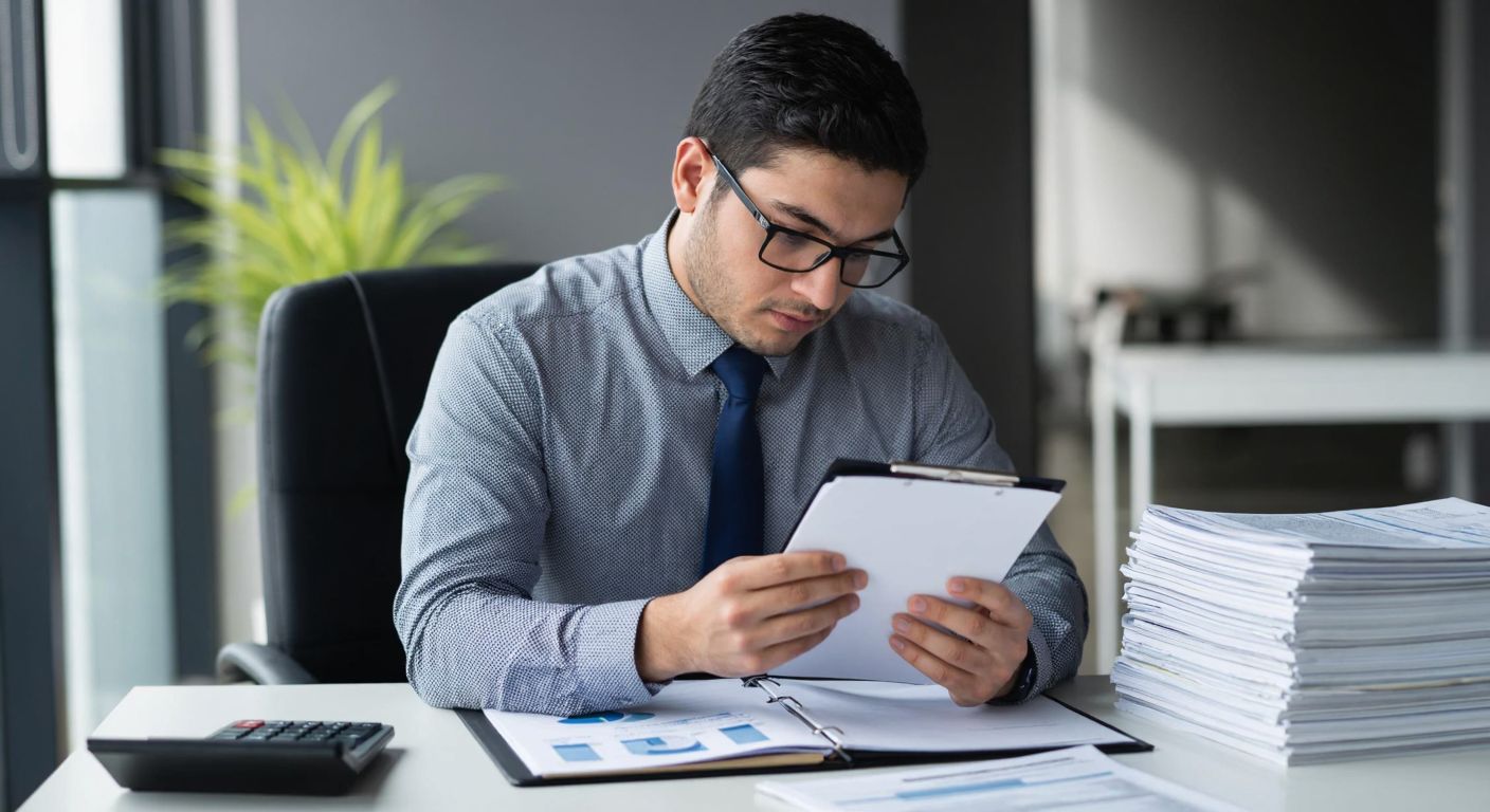 A Turkish accountant in a modern office, wearing glasses and a formal shirt, carefully reviewing a ledger with columns of financial data, surrounded by stacks of documents and a calculator, with a focused and analytical expression.