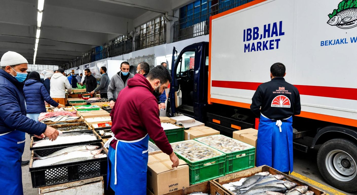 A bustling wholesale fish market in Beylikdüzü, with vendors in aprons arranging fresh seafood crates, while a delivery truck labeled "İBB Halk Market" loads boxes nearby.
