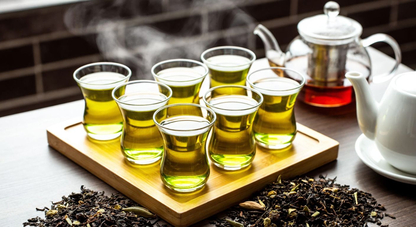 A warm Turkish tea house with a wooden tray holding small tulip-shaped glasses of vibrant green tea, surrounded by loose tea leaves and a steaming teapot, evoking a cozy and inviting atmosphere.