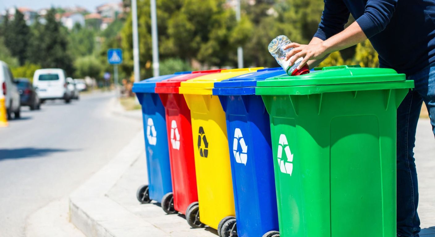 A row of brightly colored recycling bins—blue, green, yellow, red, and gray—lined up on a sunny street in Turkey, with a person carefully placing a glass bottle into the green bin.