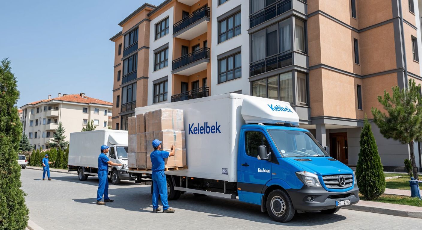 A sturdy moving truck with the Kelebek logo parked outside a Turkish apartment building, while workers in blue uniforms carefully load wrapped furniture into a nearby storage facility with neatly stacked boxes.