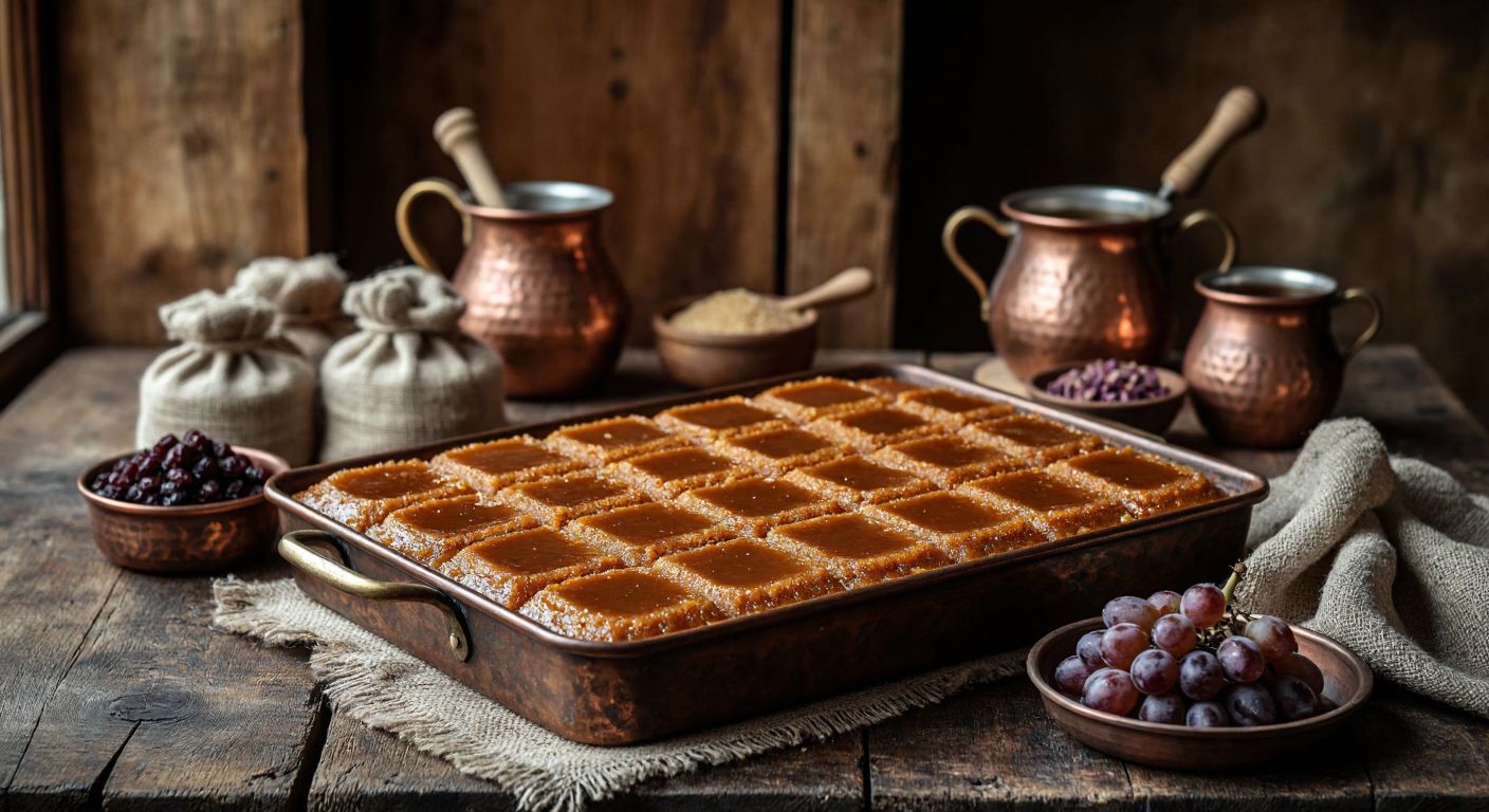 A golden-brown tray of Ermenek Helvası, glistening with grape molasses, sits on a rustic wooden table surrounded by traditional Turkish copper pots and sacks of carefully selected ingredients, evoking warmth and heritage.