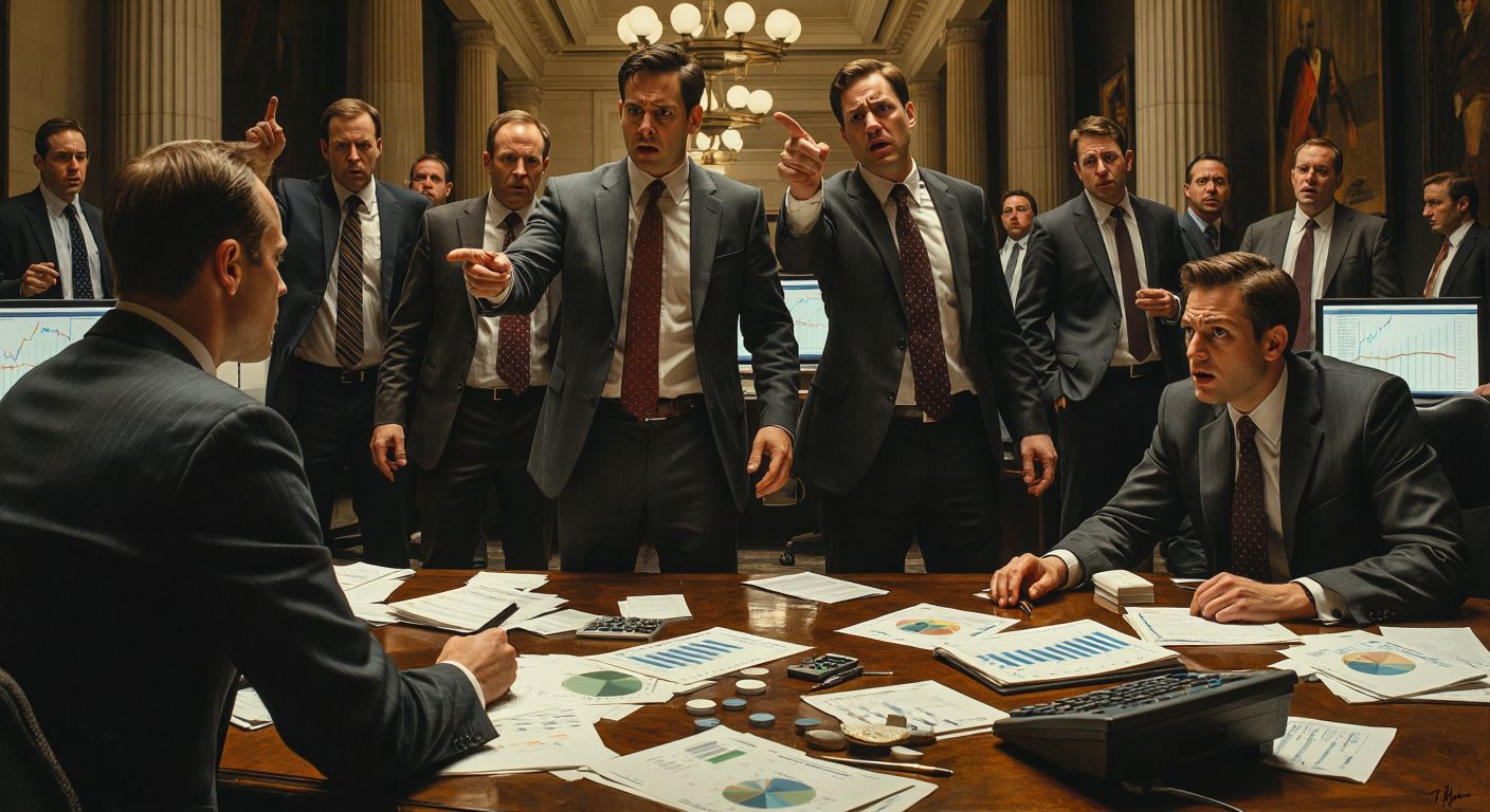 A tense group of sharply dressed financiers in a dimly lit Wall Street office, surrounded by scattered financial charts, as one man points decisively at a collapsing graph while others react with shock or calculation.