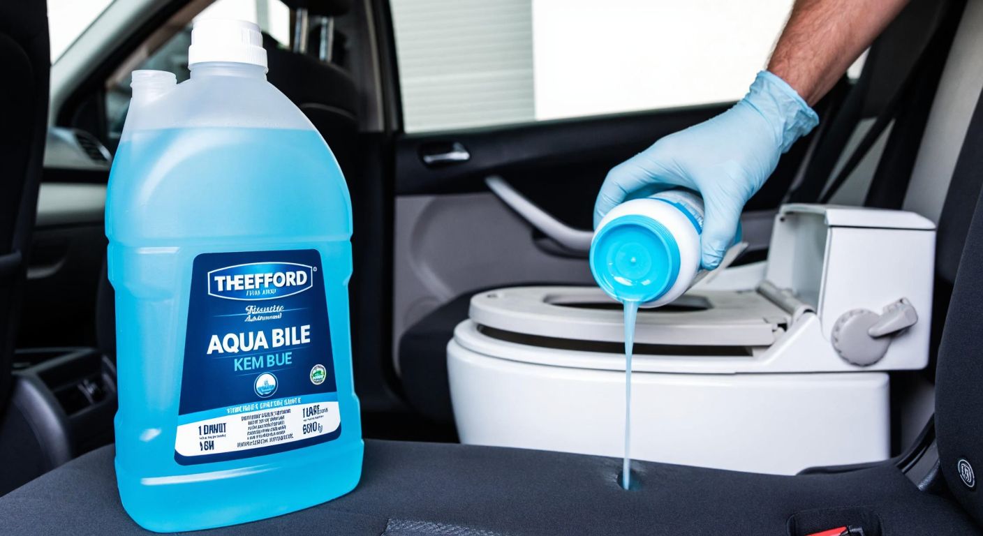 A close-up of a blue plastic bottle labeled "Thetford Aqua Kem Blue" next to a small, clean cassette toilet in a well-lit caravan interior, with a pair of gloved hands carefully pouring the liquid into the toilet tank.