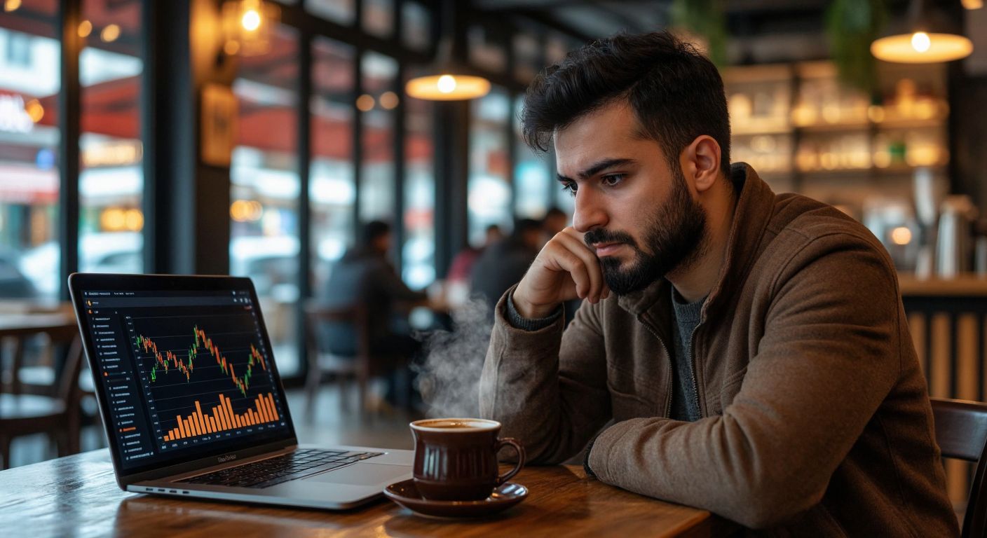 A Turkish man in a modern café studies a laptop screen displaying colorful cryptocurrency charts, with a steaming cup of Turkish coffee beside him, his expression thoughtful yet cautious.