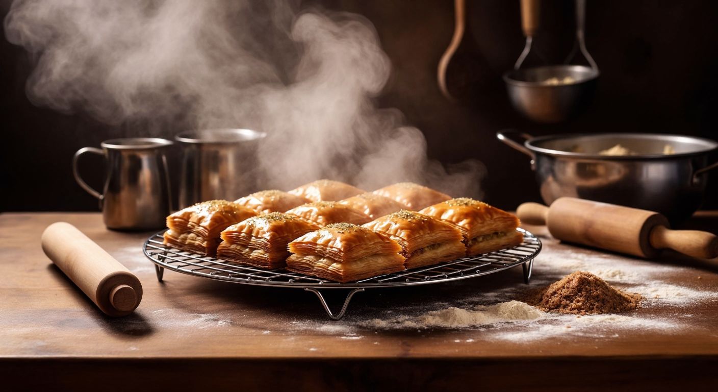 A rustic Turkish kitchen with a golden-brown baklava cooling on a shiny chrome wire rack, steam rising gently, surrounded by scattered flour and a rolling pin on a wooden counter.