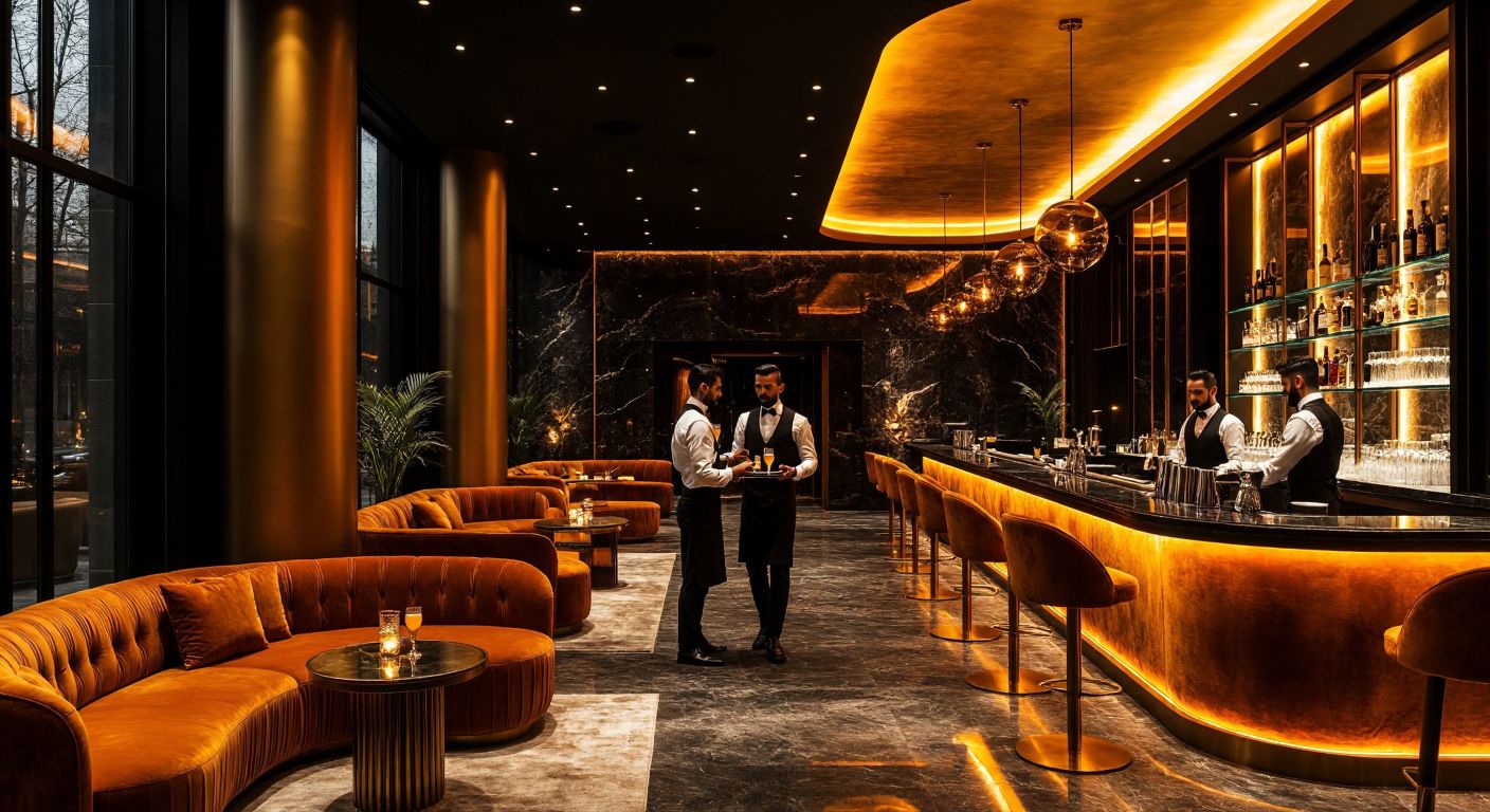 A dimly lit, upscale lounge in Konya with plush velvet seating, amber-hued lighting, and elegantly dressed waiters serving cocktails on polished trays.