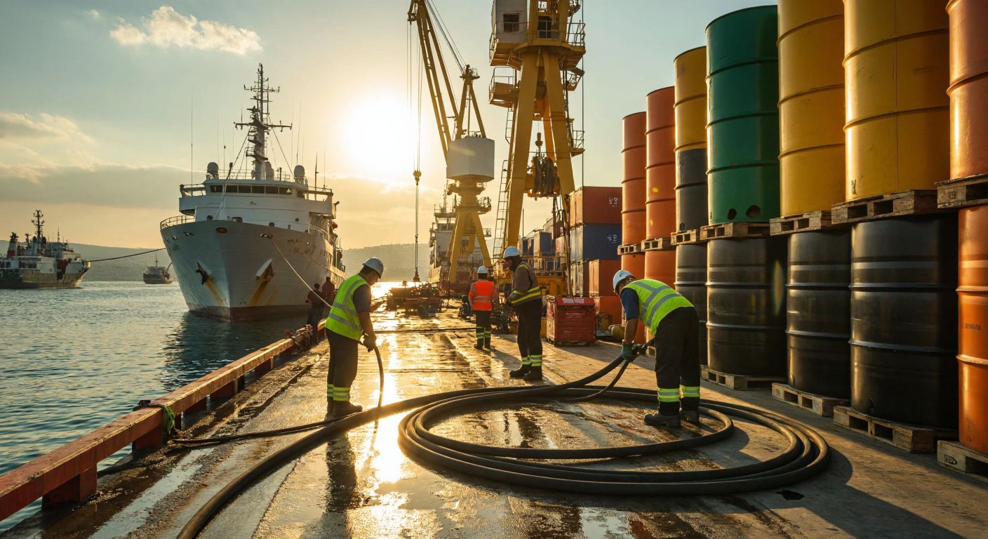 A bustling Turkish port with ships docked, workers fueling a vessel with hoses, and stacks of oil drums under a bright sun, conveying the concept of maritime fuel transactions.