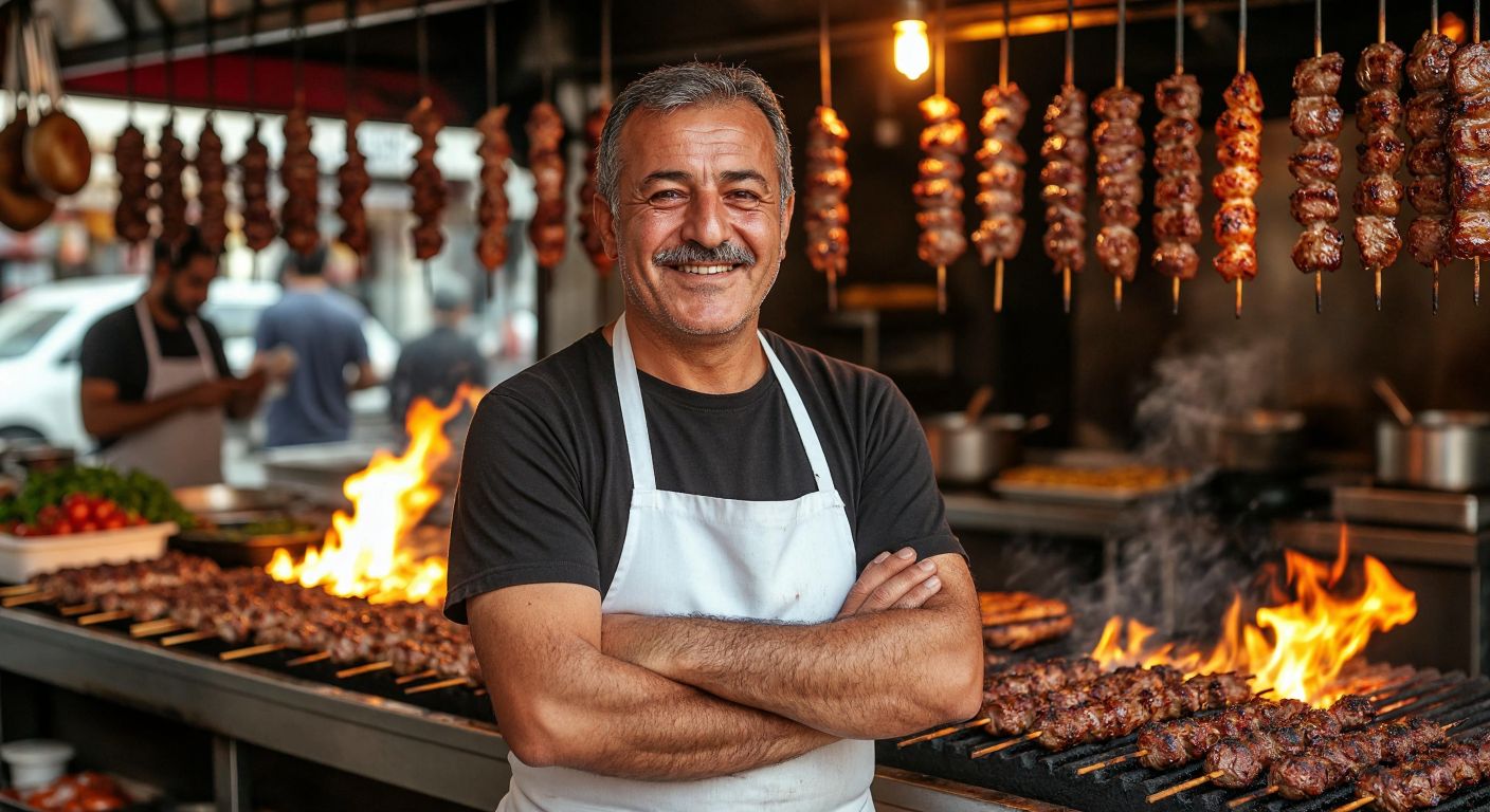 A middle-aged Turkish man with a warm smile, wearing a white apron and standing proudly in front of a bustling kebab restaurant with skewered meats grilling over an open flame.