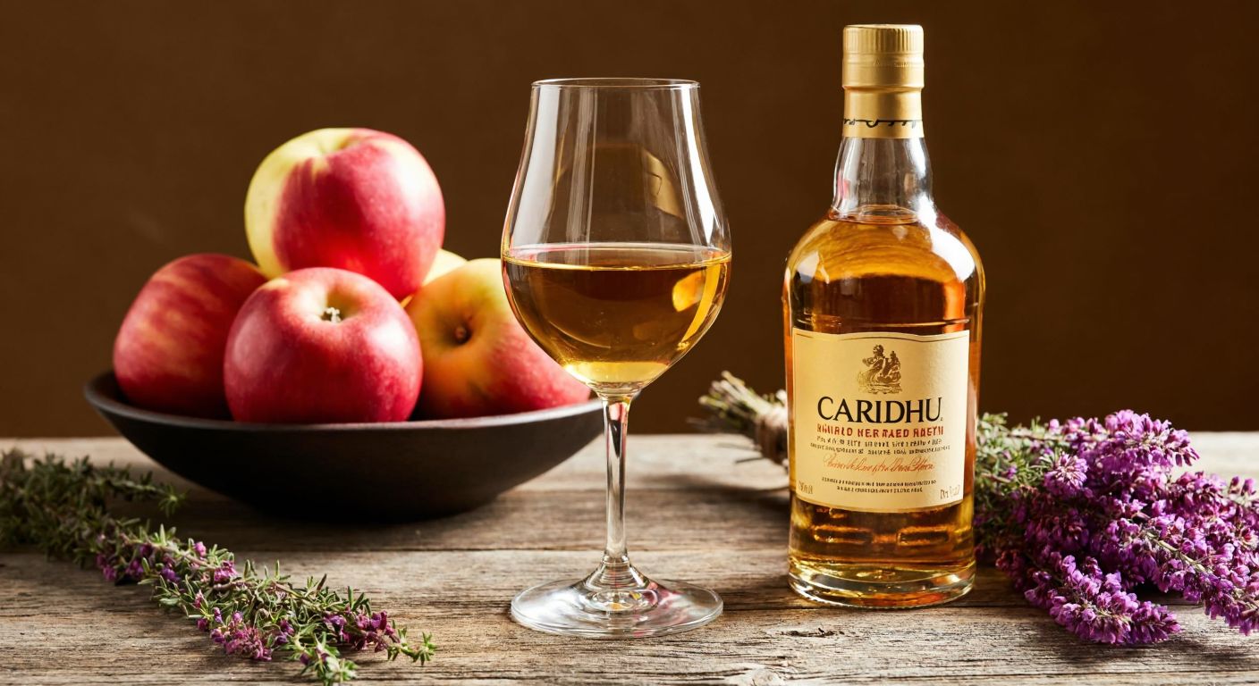 A golden-hued glass of Cardhu whisky rests on a rustic wooden table beside a bowl of ripe red apples and a sprig of heather, evoking the sweet, fruity notes of the drink against a warm, inviting backdrop.