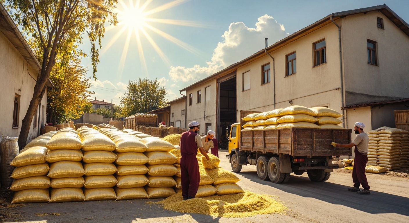 A rustic rice factory in Uzunköprü with golden rice sacks stacked outside, workers in traditional Turkish workwear loading them onto a truck under a bright sun.