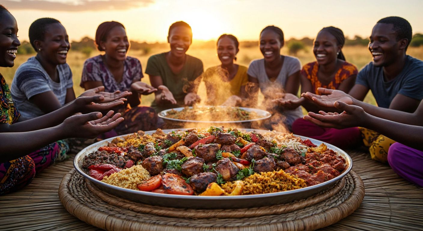 A large, colorful communal platter filled with aromatic African dishes sits on a woven mat, surrounded by smiling people of diverse ages reaching in with their hands, their faces lit with warmth and laughter under the golden light of a setting sun.