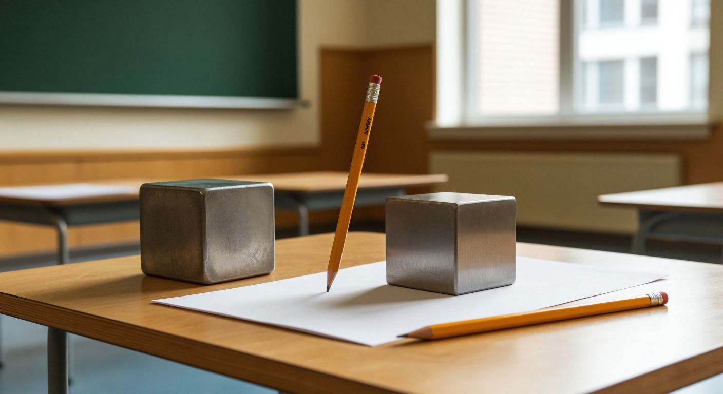 A wooden table in a classroom holds two differently sized metal cubes and a pencil piercing a sheet of paper, demonstrating pressure through weight and surface area.