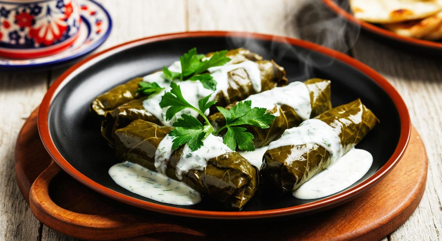 A steaming plate of vine leaf dolma drizzled with creamy garlic yogurt, garnished with fresh parsley, set on a rustic wooden table with a traditional Turkish ceramic plate in the background.