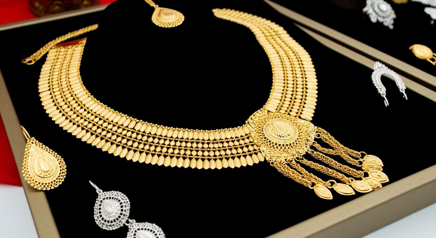A golden **Urfa akıtması necklace** glistening on a dark velvet tray, surrounded by delicate silver jewelry pieces, evoking a traditional Turkish jewelry shop.