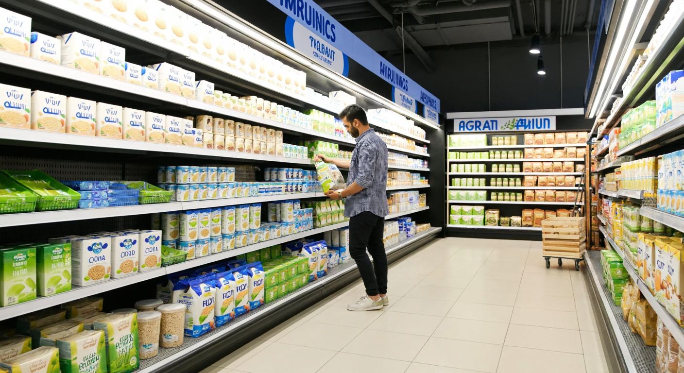 A well-lit supermarket aisle in Turkey with neatly stacked shelves displaying various oat products, including cartons of Fomilk and Alpro oat drinks and bags of City Farm organic oatmeal, while a shopper in casual attire examines them closely.