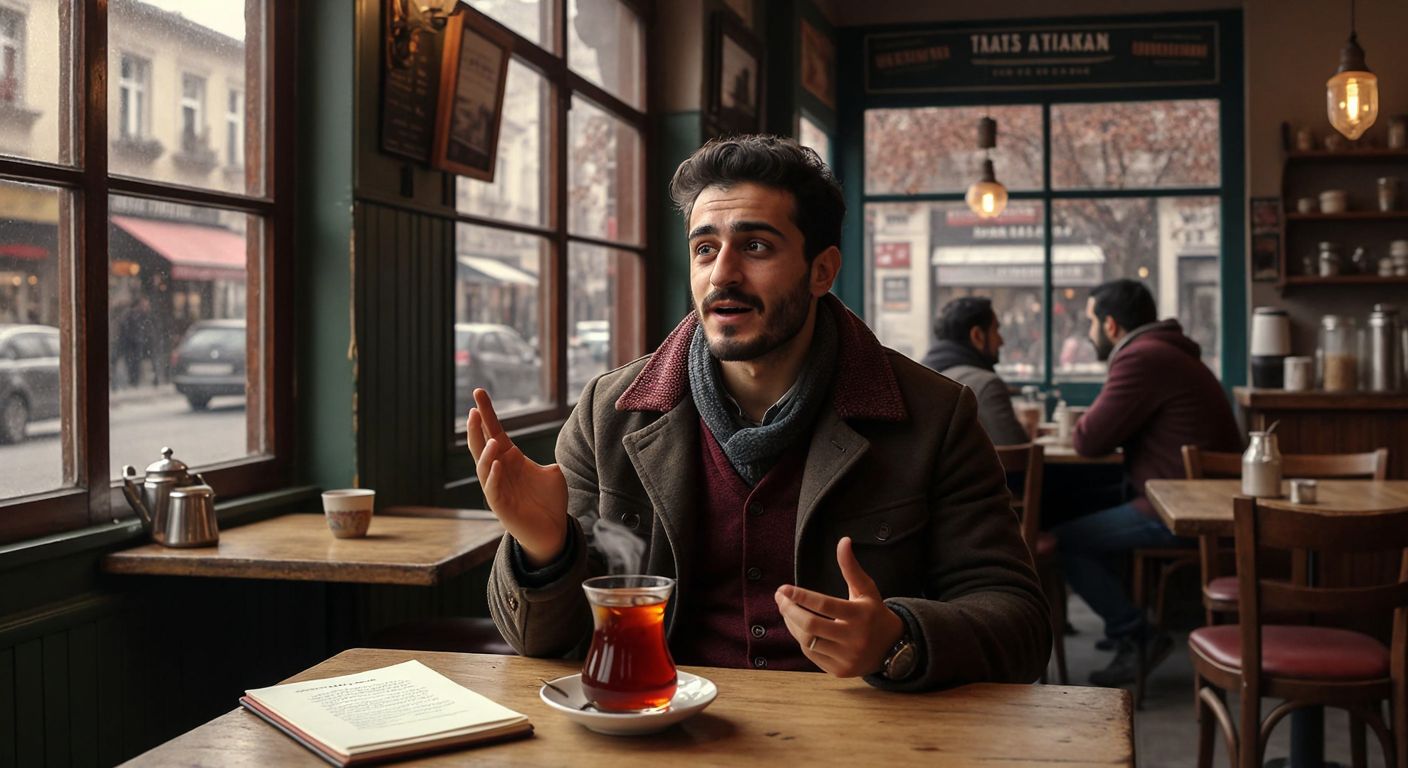 A Turkish man in a cozy café, gesturing animatedly while explaining something to a curious listener, with a steaming cup of Turkish tea and a notebook on the table.