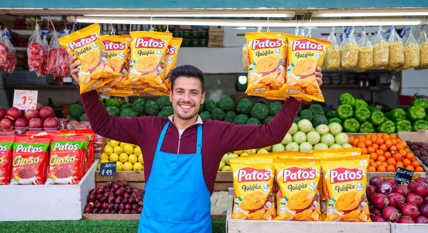 A vibrant Turkish market stall displays colorful bags of Patos and Cipso chips, with a smiling vendor in a traditional apron holding them up proudly against a backdrop of fresh local produce.