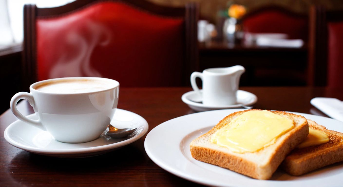 A cozy English breakfast table with a steaming cup of milky tea, a plate of buttered toast, and a small pitcher of cream, set against a backdrop of a traditional British dining room with warm lighting.