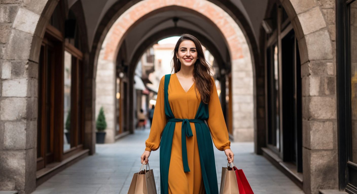 A confident Turkish woman in a stylish Esswaap dress walks through the historic stone arches of Ankara's Samanpazarı district, carrying shopping bags with a proud smile.