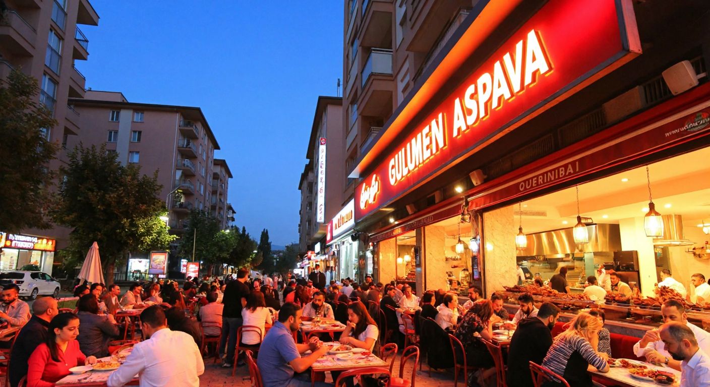 A bustling Ankara street in Çankaya district, with the vibrant Gülçimen Aspava restaurant sign glowing warmly, surrounded by locals enjoying traditional Turkish dishes under a clear evening sky.