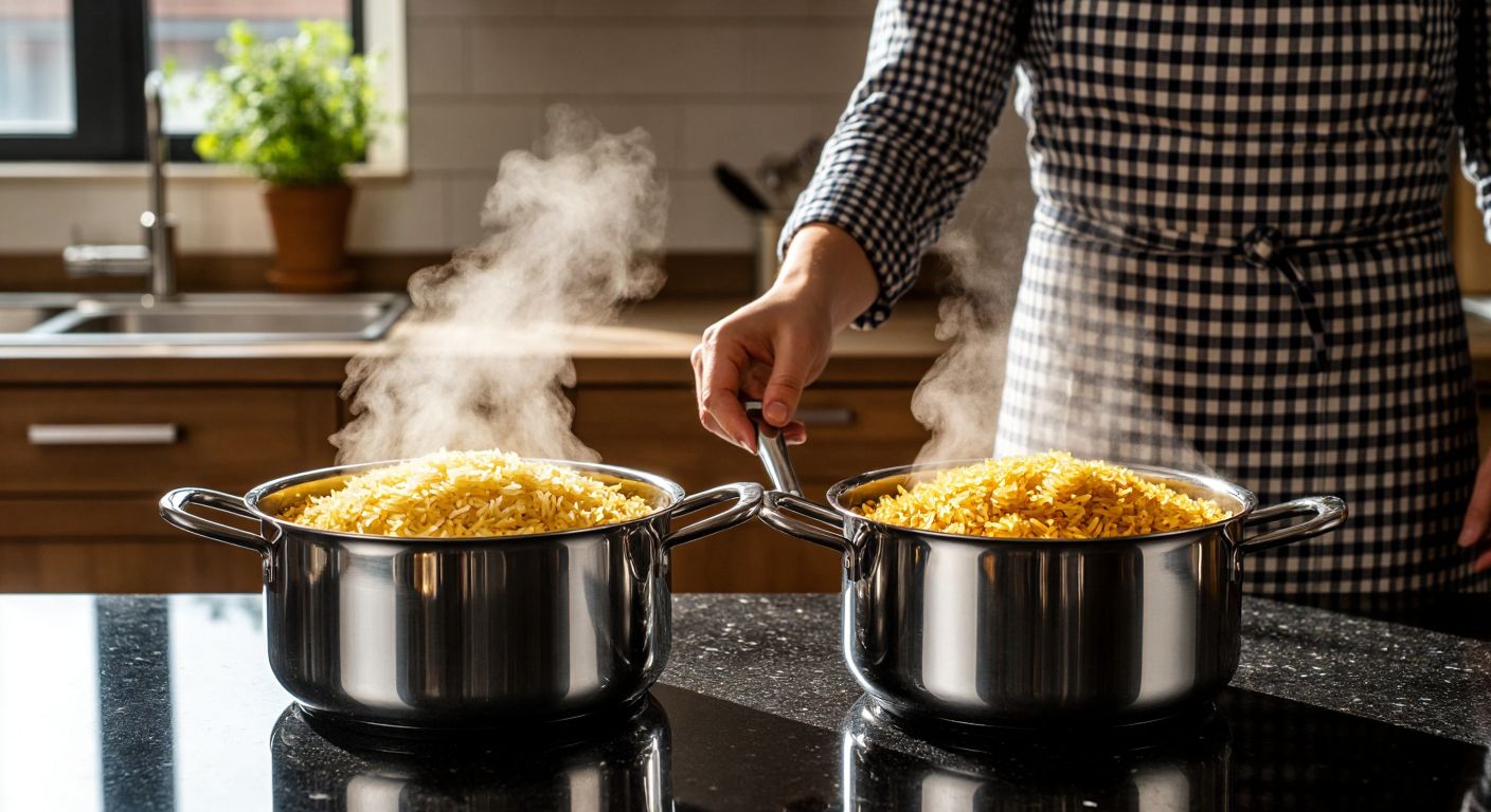 A Turkish kitchen countertop holds two gleaming pots side by side—one polished stainless steel and the other dark granite—with steam rising from fluffy golden rice inside, while a hand in a checked apron hovers between them, weighing the choice.