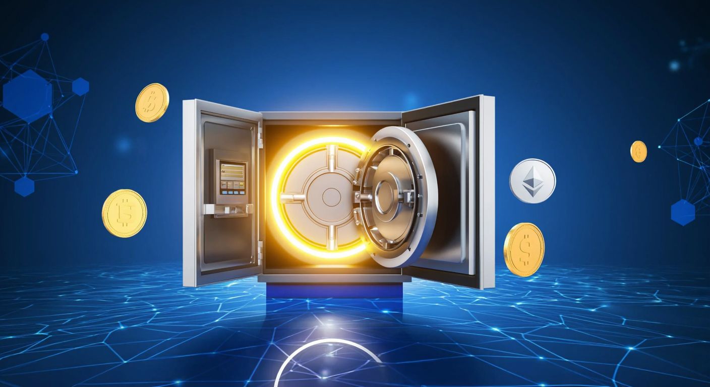 A futuristic digital vault glowing with golden light, surrounded by abstract blockchain nodes and floating coins like USDC and ETH, set against a dark blue backdrop.