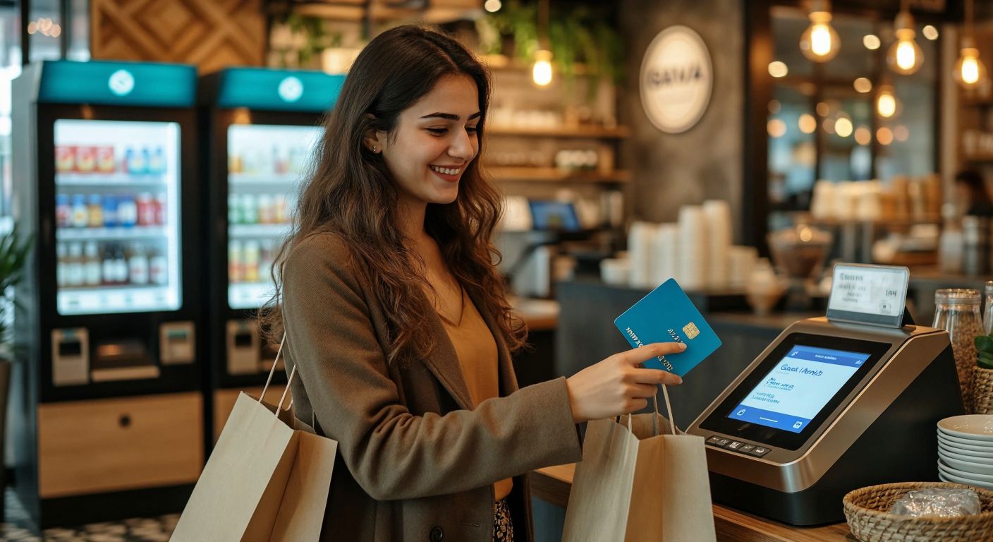 A smiling Turkish woman in a modern café taps a sleek blue payment card against a terminal while holding a shopping bag, with a Garanti BBVA ATM visible in the background.