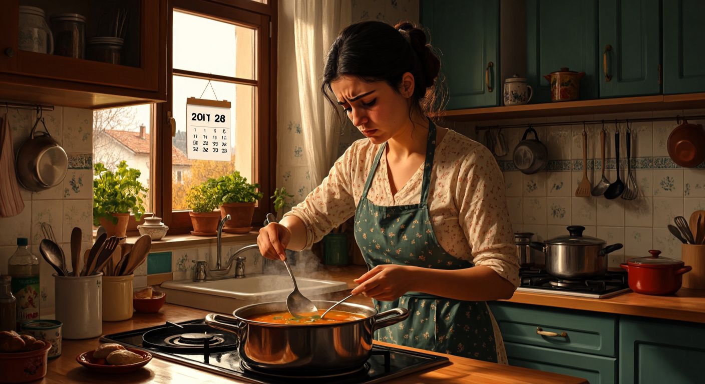 A tired Turkish homemaker in a modest kitchen, stirring a pot of soup with a hopeful yet weary expression, while a calendar with an unclear future date hangs faintly in the background.