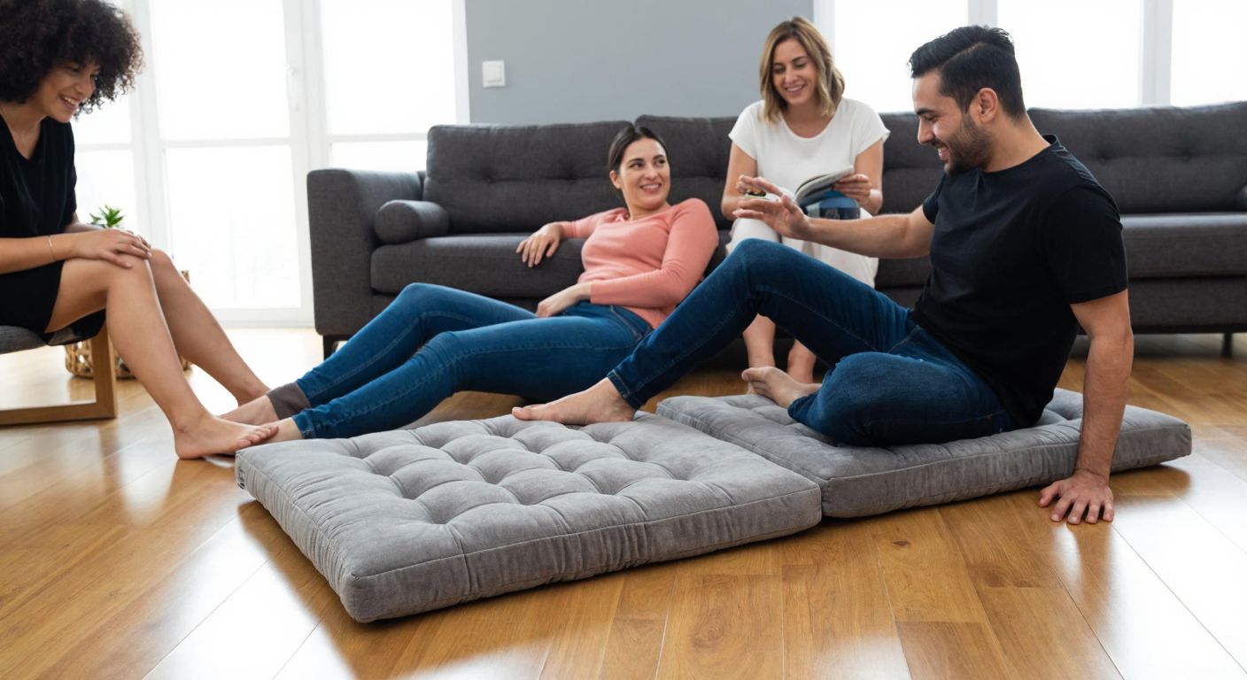A cozy Turkish living room with a plush Fold Katlanan Teddy Minder and a stylish Bisküvi Gri Yer Minderi on a wooden floor, surrounded by smiling people lounging comfortably, while one person inspects a slightly rusted chair leg with a concerned expression.