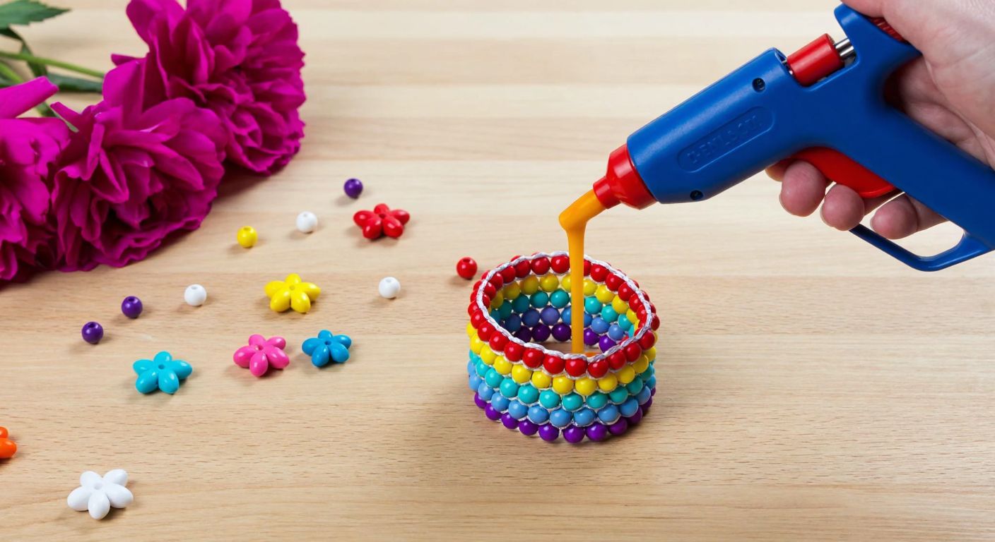 A hand holding a glue gun with melted wax dripping onto a colorful handmade bracelet on a wooden craft table, surrounded by scattered decorative beads and artificial flowers.