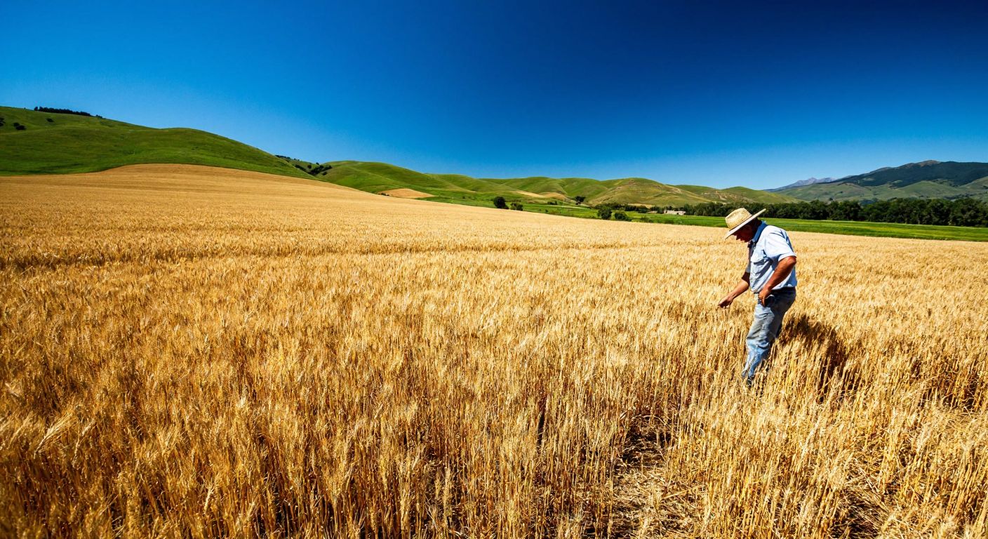 A vast golden wheat field under a bright blue sky in Argentina, with a farmer in a straw hat inspecting the crops, surrounded by rolling green hills.