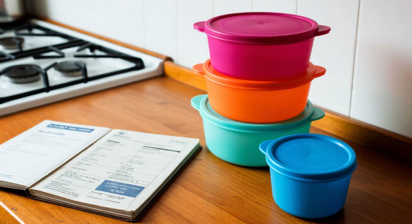 A colorful stack of Tupperware containers sits abandoned on a wooden kitchen counter in Turkey, with a faded receipt and a closed ledger book nearby, evoking a sense of nostalgia and decline.