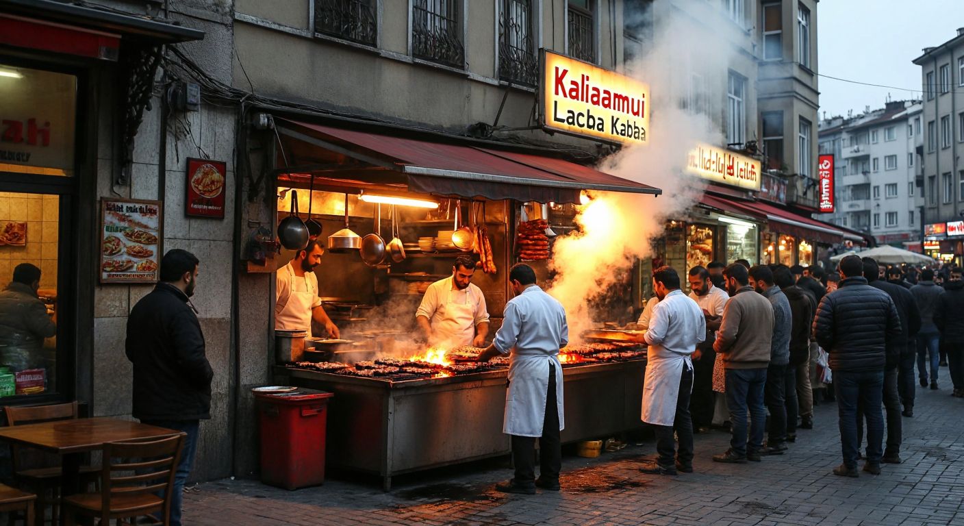 A bustling street in Kağıthane, Istanbul, with a small, warmly lit kebab and lahmacun shop, its signless storefront emitting aromatic smoke as a mustachioed chef in a white apron grills meat over glowing coals while locals queue eagerly outside.