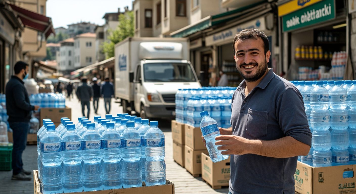 A bustling Turkish marketplace with stacked crates of water bottles, a merchant smiling while negotiating with a buyer, and a delivery truck loaded with water containers in the background.