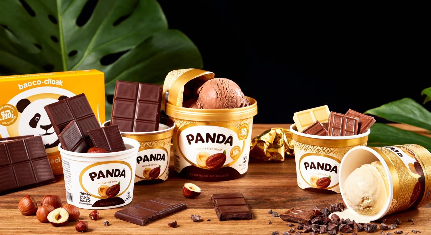 A vibrant display of Panda brand chocolate bars and ice cream tubs arranged on a wooden table, with golden wrappers, rich cocoa hues, and scattered hazelnuts, evoking warmth and indulgence.