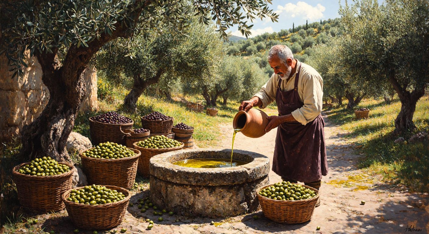 A sunlit olive grove in Aydın with a rustic stone oil press in the foreground, surrounded by baskets of fresh olives and a warm-faced elderly man in traditional Turkish workwear inspecting golden olive oil pouring into a clay jar.