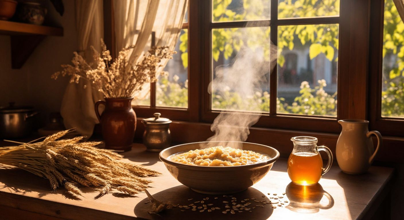 A steaming bowl of oatmeal sits on a wooden table in a sunlit Turkish kitchen, surrounded by fresh oats and a small pitcher of honey.