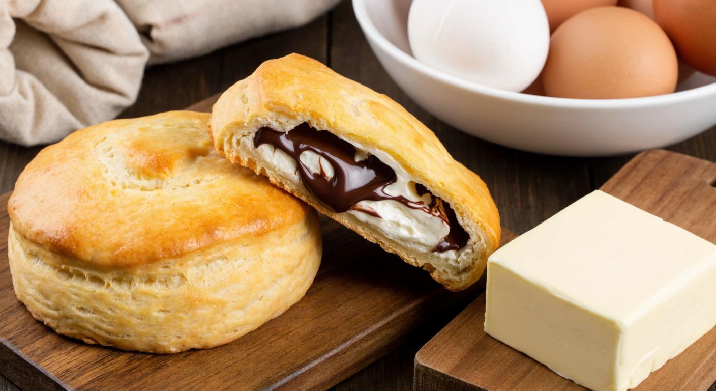 A golden-brown, flaky biscuit split open to reveal a creamy white kaymak filling swirled with melted chocolate, placed on a rustic wooden table beside a bowl of fresh eggs, a block of butter, and a sack of flour.