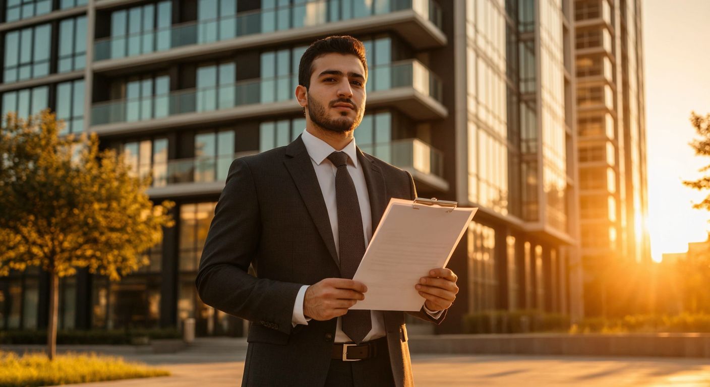 A Turkish businessman in a crisp suit stands confidently in front of a modern office building, holding an insurance policy document while a warm sun casts a golden glow over the scene, symbolizing trust and reliability.