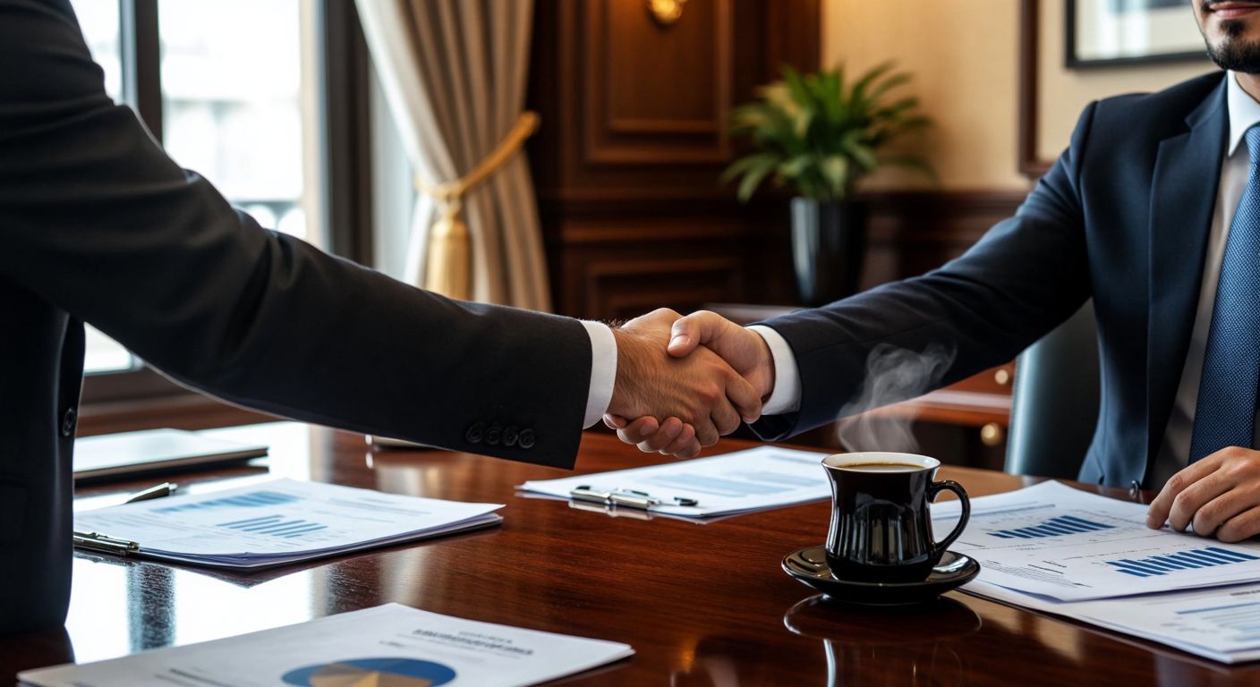 A Turkish businessman in a crisp suit confidently shakes hands with a bank manager across a polished wooden desk, surrounded by financial documents and a steaming cup of Turkish coffee.