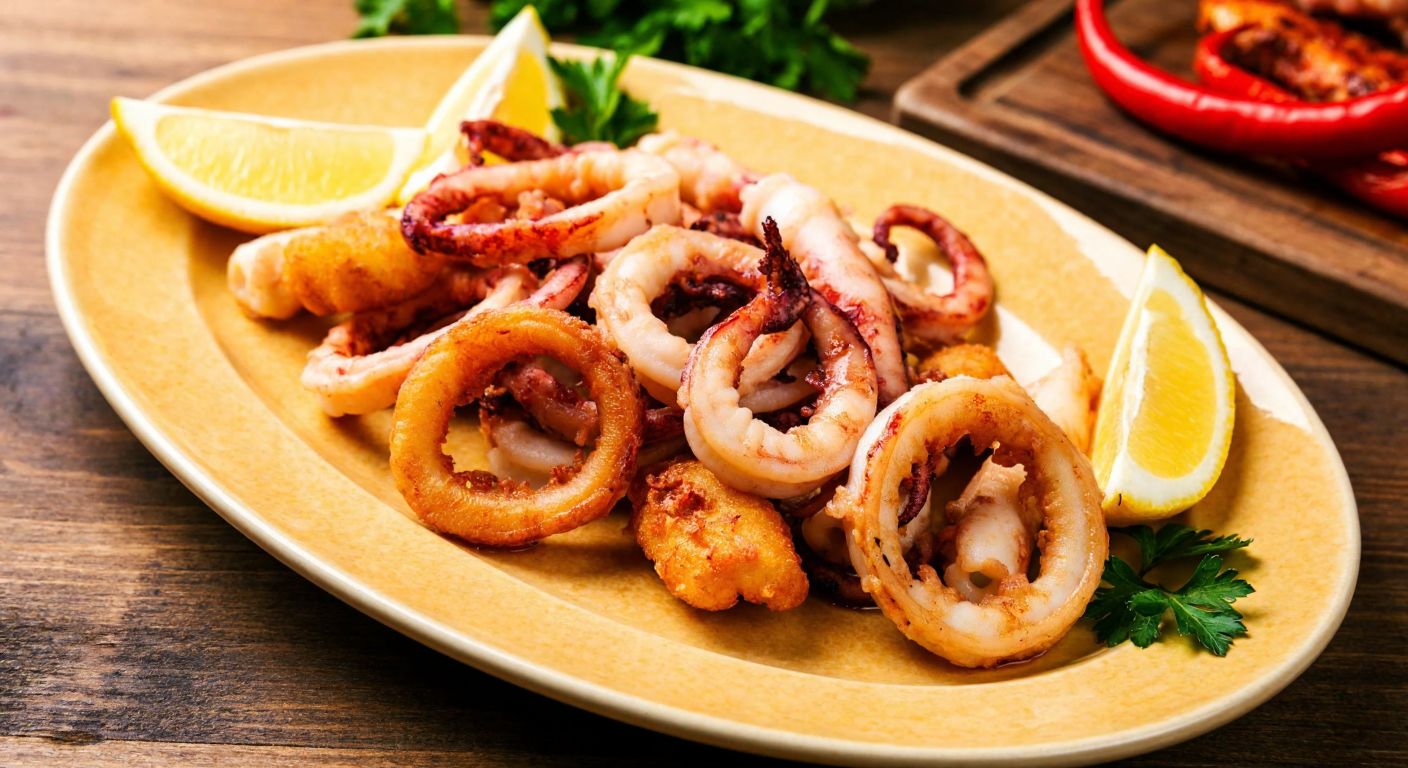 A golden-brown plate of crispy fried squid rings and tender pan-seared squid pieces, garnished with lemon wedges and fresh parsley, set against a rustic wooden table in a cozy Turkish seaside tavern.