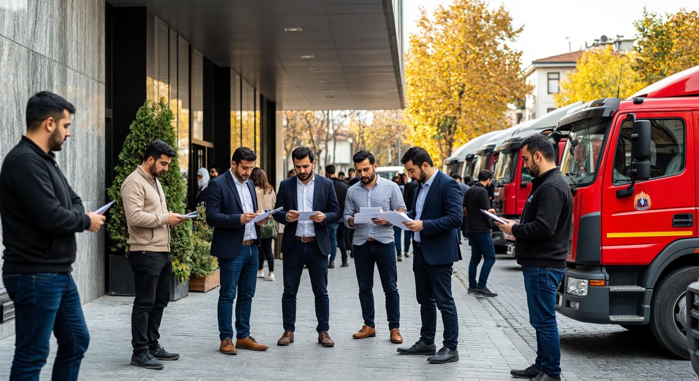 A bustling Istanbul street scene with a mix of individual entrepreneurs in casual attire and suited businesspeople entering a modern municipal building, while nearby, professional truck drivers in uniforms check their documents near parked commercial vehicles.