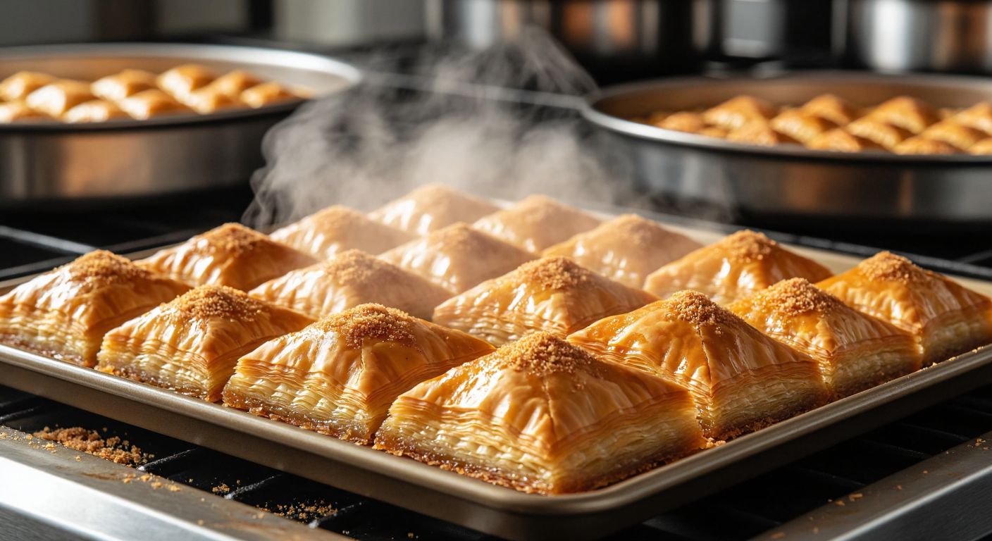 A smooth, beige Teflon silpat mat lies flat on a baking tray in a Turkish kitchen, with golden-brown baklava slices perfectly arranged on top, steam rising gently from the freshly baked dessert.